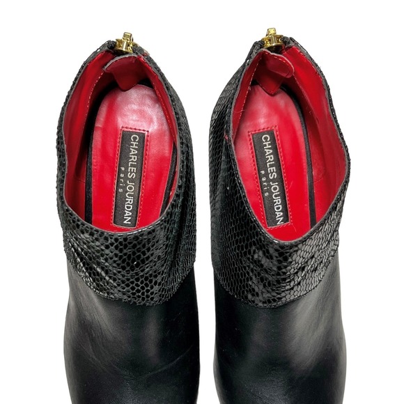 Charles Jourdan Black Leather Snakeskin Zipper Peep Stiletto Ankle Boot Size 7 - Picture 5 of 8